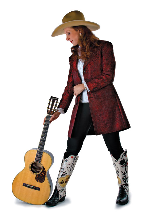 Music Artist Juni Fisher in Red Brocade Frock Coat